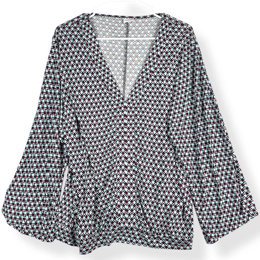 Lascana Blouse Top Womens 4/6 Multicolor Chevron Viscose V-Neck‎ Flare Sleeve